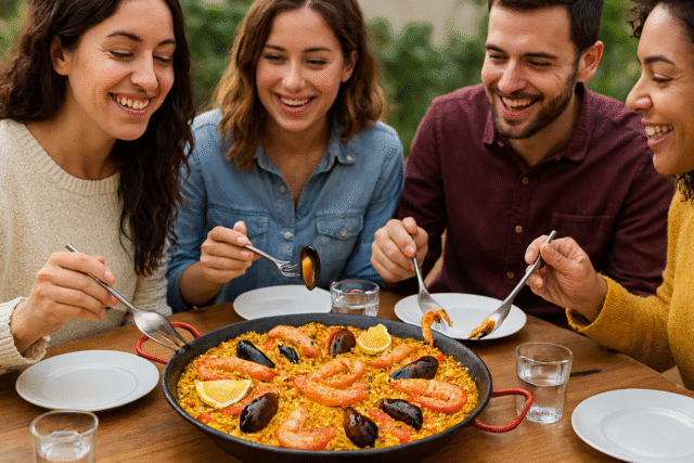Friends eating Paella